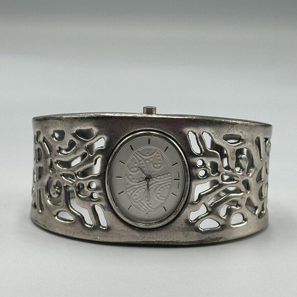3/$30 Cuff Bracelet Watch Women Silver Tone Filigree Cutout Design Oval Case - Picture 1 of 12